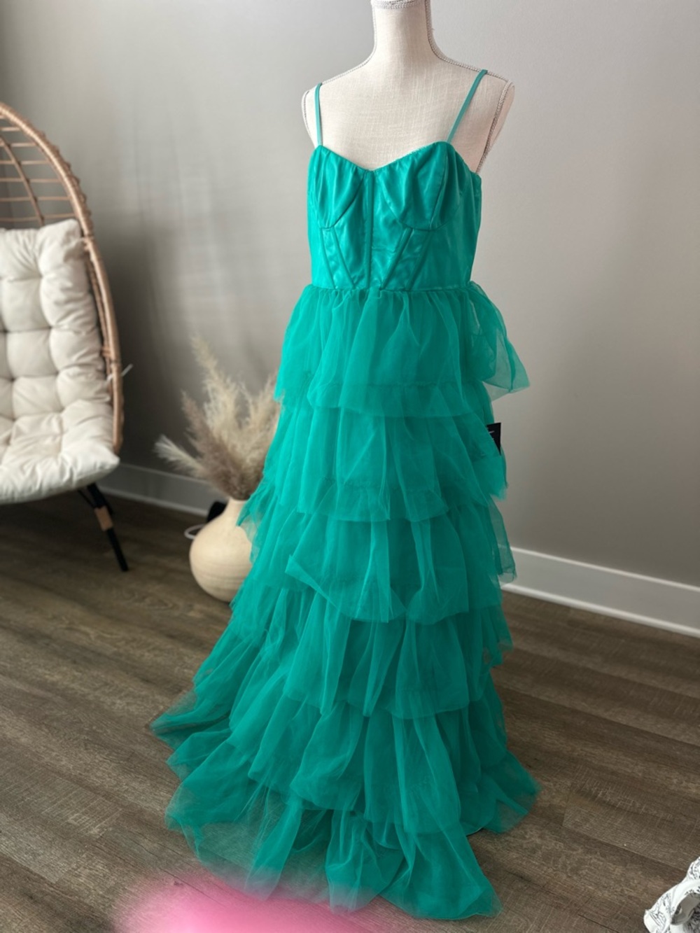 Lulu’s Rule the Runway Teal Green Tulle Bustier Tiered Prom Formal Maxi Dress XL - Picture 7 of 10